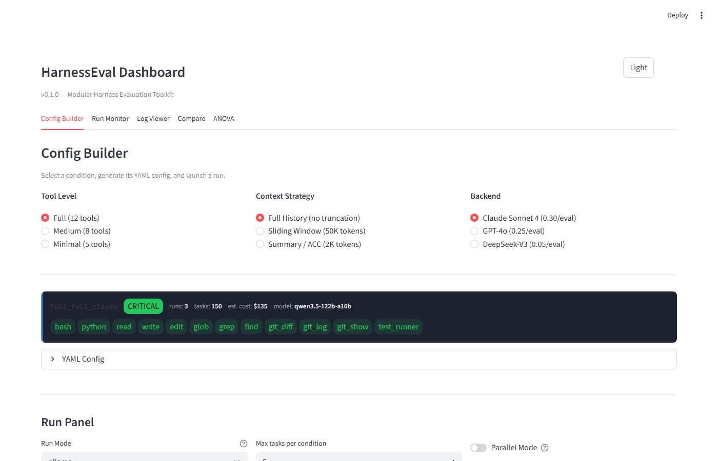 Config Builder — chọn Tool Level, Context Strategy, Backend và chạy experiment