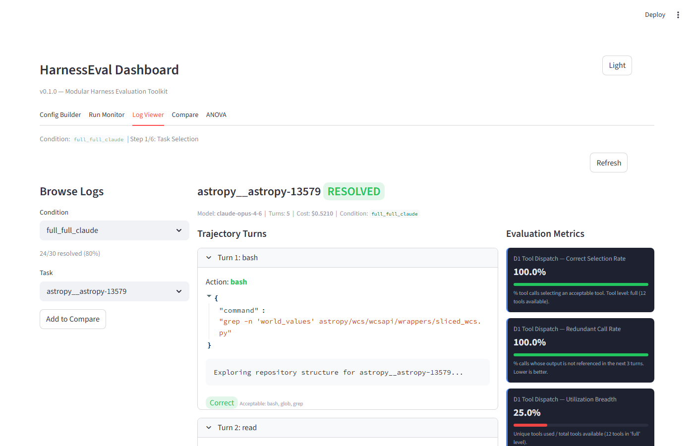 Log Viewer — turn-by-turn trajectory inspection với metrics sidebar